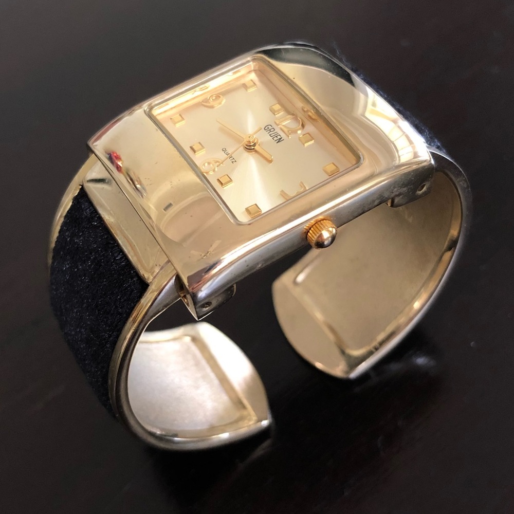 Vtg Gruen Gold Velvet Bangle Cuff Bracelet Watch